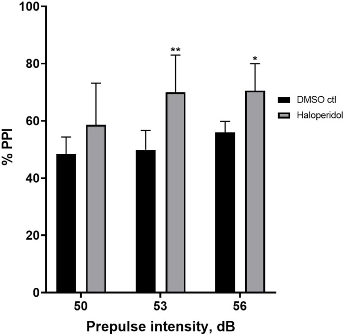 figure-results-6 Prepulse inhibition bar graph; DMSO vs. Haloperidol, various dB; auditory response analysis.