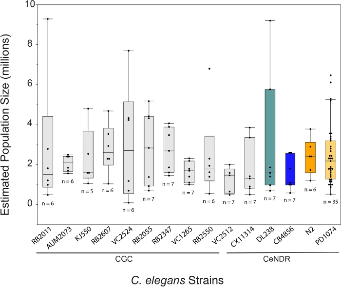 figure-results-3 C. elegans population size box plot for various strains; comparative analysis of genetic variation.