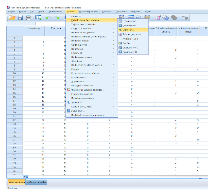 SPSS data analysis interface, showing menu options for descriptive statistics and frequency analysis.