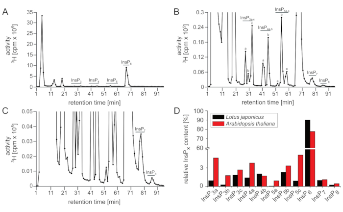 figure-results-2 HPLC chromatogram and bar graph comparing inositol phosphate (InsP) contents in plant samples.