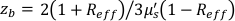 Equation for depth measurement in optical studies: \( z_b = 2(1 + R_{eff})/3\mu_s(1 - R_{eff}) \)