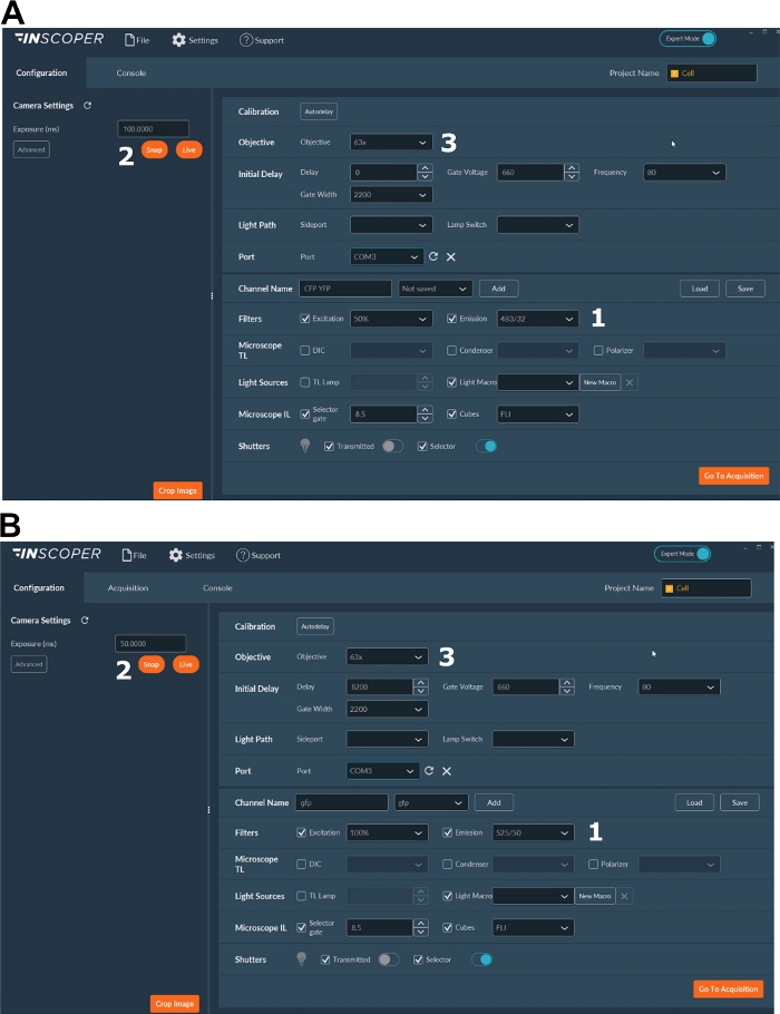 Microscope configuration interface; fluorescence channel setup; experiment settings comparison.