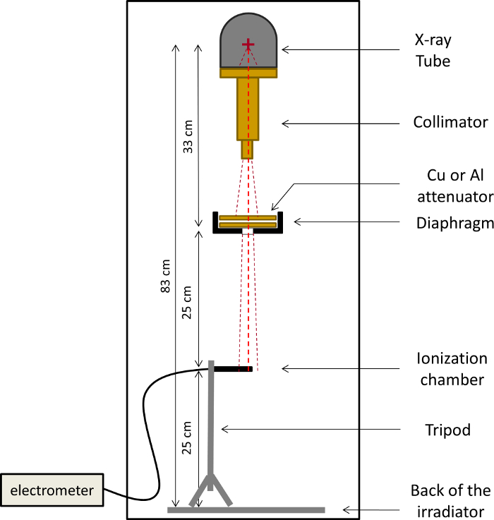 X-ray setup diagram with ionization chamber; measures radiation via electrometer.