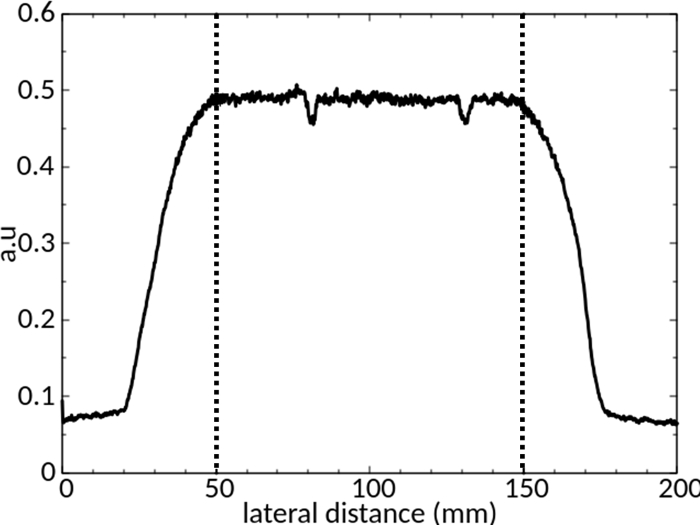 Absorption profile graph; lateral distance (mm) vs normalized units (a.u.), optical study data.