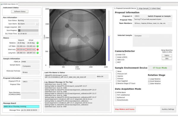 CT scan system interface, brass sample imaging, axis alignment chart, experimental settings.
