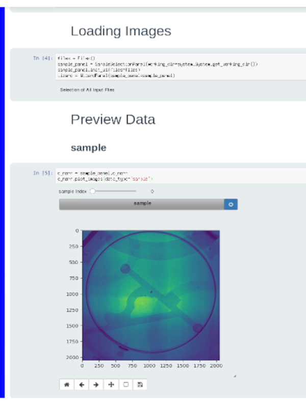 Data loading and preview diagram with sample visualization; coding interface; image analysis.