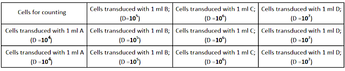 Cell transduction diagram using serial dilutions (D=10^3 to 10^7) for counting analysis.