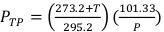 Vapor pressure equation, P_TP = (273.2+T)/295.2 * 101.33/P, formula in physics diagram.
