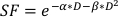 Static equilibrium equation SF=e^-α*D-β*D²; exponential decay; mathematical formula.