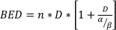 Biologically Effective Dose formula, BED=n*D*[1+D/(α/β)], radiotherapy calculation.