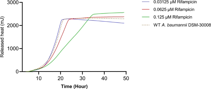 figure-results-14 Calorimetry graph showing heat release over time with varying rifampicin concentrations for bacteria.