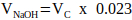 Chemical equation for titration: V_NaOH = V_C × 0.023, used in volumetric analysis methods.