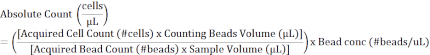 Absolute cell count formula; equation for cell density calculation; lab quantification method.