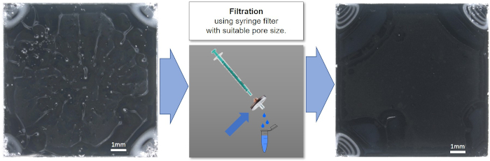 figure-results-6 Filtration process diagram using syringe filter for particle separation with before and after results.