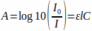Absorbance equation A=log10(I0/I)=εlC; formula related to spectroscopy analysis.