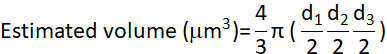 Estimated volume formula, \( \frac{4}{3} \pi \left( \frac{d_1}{2} \frac{d_2}{2} \frac{d_3}{2} \right) \).