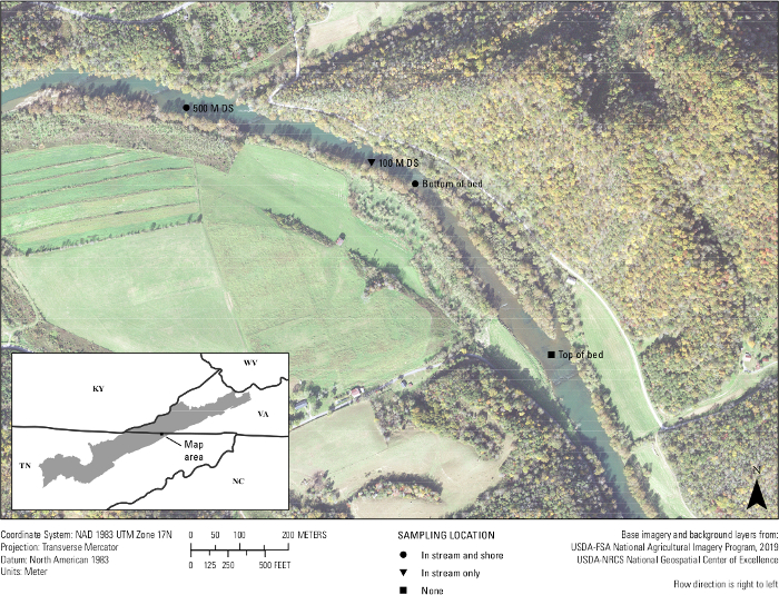 figure-results-7 Aerial map of river sampling locations with inset regional map, highlighting stream bed analysis.
