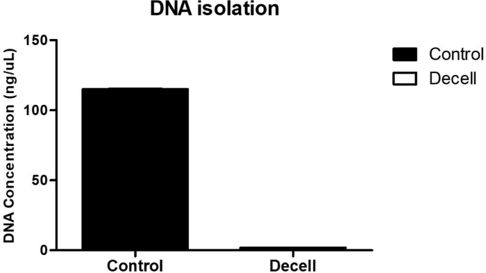 DNA 提取结果；柱状图显示对照组和脱细胞样本的 DNA 浓度（ng/µL）