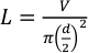 Volume to length formula, V/π(d/2)², in scientific equation format for educational use.