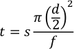 Formula for time of fall on inclined plane; t=s(π(d/2)²)/f; physics equation diagram.