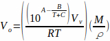 Equation for calculating void volume in chromatography setup, showing temperature-dependent factors.