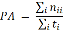 Probability calculation equation, PA=Σini,i/Σiti, mathematical formula, educational use.