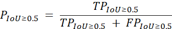 Formula for precision calculation in object detection with Intersection over Union threshold ≥ 0.5.