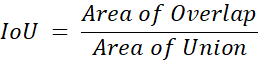 Intersection over Union equation, IoU = Area of Overlap/Area of Union, mathematical formula.