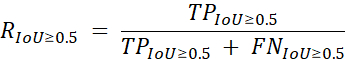 Recall formula diagram with symbols for true positive and false negative in image detection.