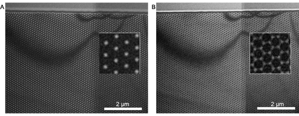Nanopatterned surface scanning electron microscopy images; magnified lattice structure shown inset.