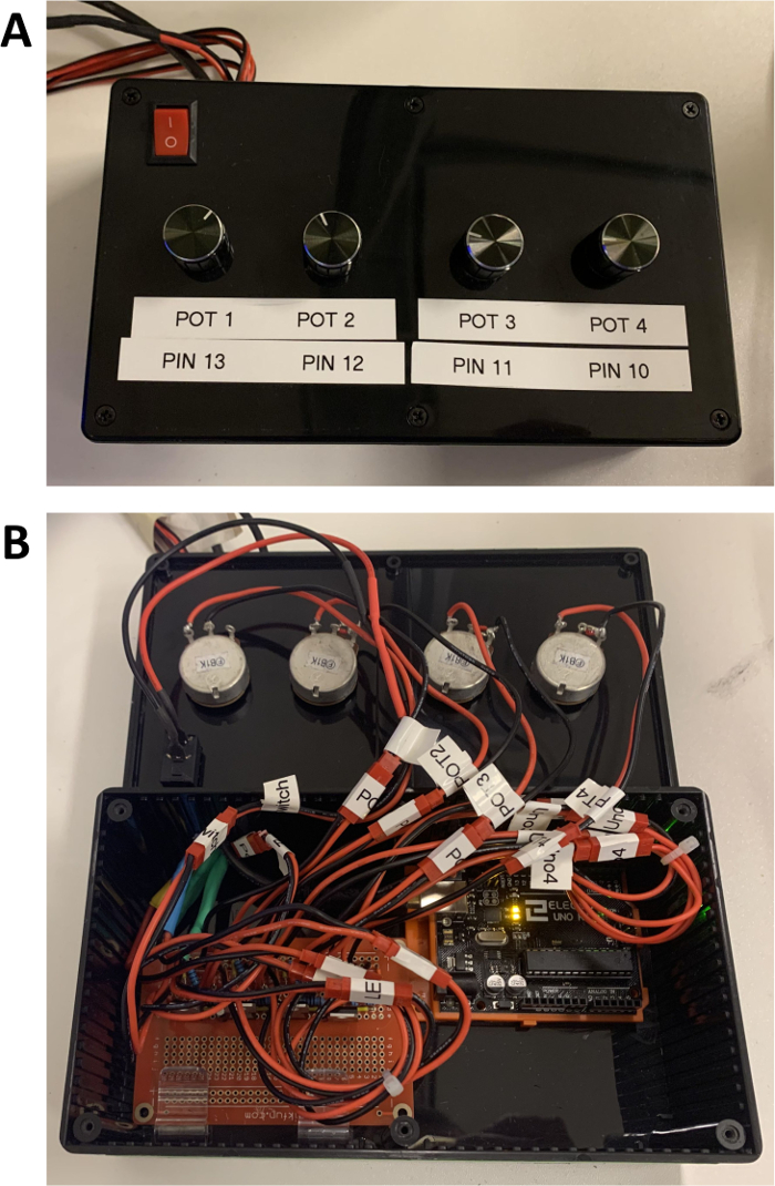 Control box wiring diagram with potentiometers and Arduino setup for circuit testing.