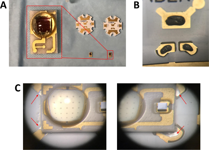LED assembly with microelectronics; magnified views; circuit board inspection.