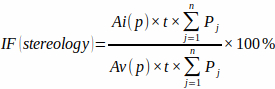 Stereology formula, mathematical equation for image analysis in microscopy studies.