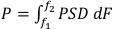 Power spectral density integral equation, P=∫PSD dF, mathematical formula.