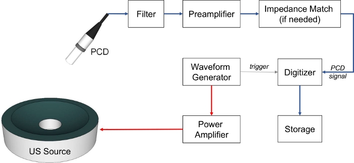 Ultrasound signal processing diagram with PCD, filter, preamplifier, waveform generator, and digitizer.