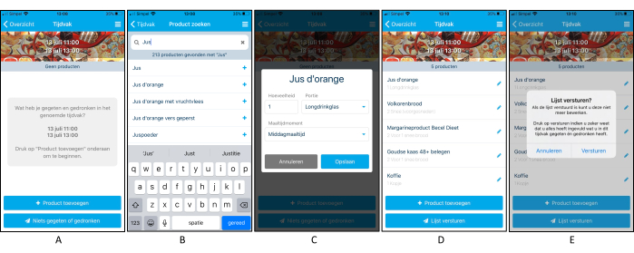 figure-results-3 Mobile app interface flow for adding and managing product lists in a shopping list application.