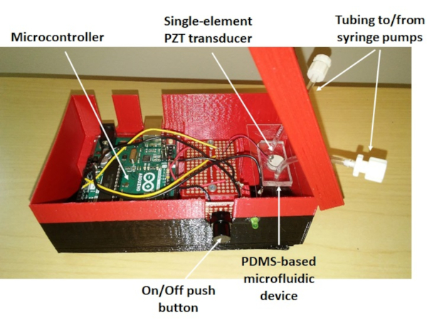 Microfluidic setup with PZT transducer, microcontroller, tubing, PDMS device; diagram of process.