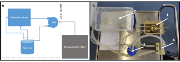 LVAD system diagram and photo; embedded model, reservoir, pneumatic drive, setup for fluid dynamics.