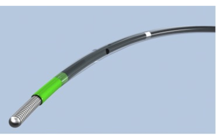 Intracoronary guidewire diagram; used in angioplasty, features flexible tip for artery navigation.