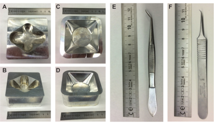 figure-results-1 Metal casting molds and tools with ruler for size reference; A-F labeled experimental setup.