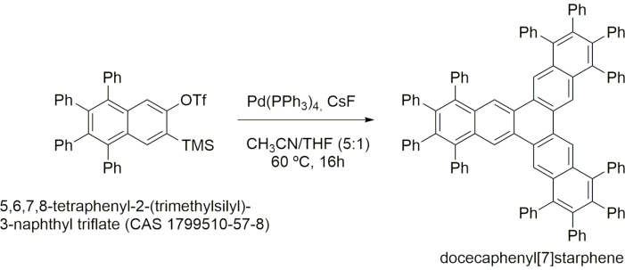 Chemical reaction diagram, synthesis of docecaphenyl[7]starphene, using Pd catalyst, organic chemistry.