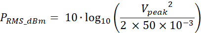 Power formula: PRMS in dBm, calculated using Vpeak, electrical engineering equation.