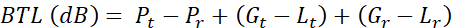 Bistatic radar equation; BTL (dB) = Pᵗ - Pʳ + (Gᵗ - Lᵗ) + (Gʳ - Lʳ); wireless signal analysis.