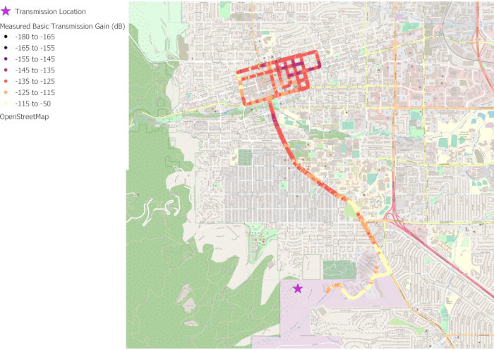figure-results-13 Radio transmission gain map, dB measurement; urban coverage analysis and geographic data.