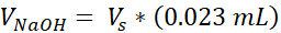 Titration equation V_NaOH=Vs*(0.023 mL); chemical analysis formula.