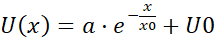 Potential energy function equation U(x)=a·e^(-x/x0)+U0.