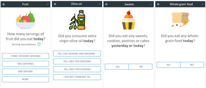 Dietary intake survey interface, fruit servings, olive oil use, sweets, whole-grain food questions.