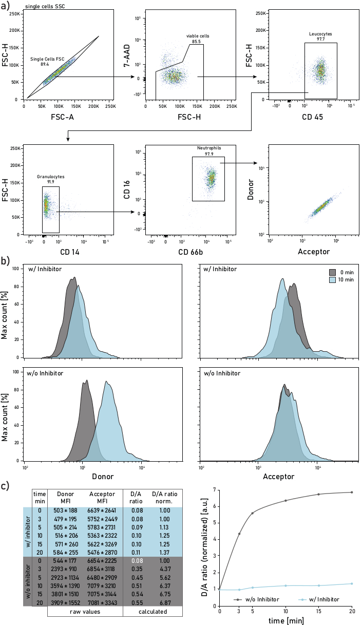 Flow cytometry analysis; graphs show leukocyte characterization, inhibitor effects, and D/A ratios.