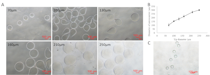 figure-results-3 Microscopy images of droplet formation with varying tip diameters, diameter vs. tip graph analysis.