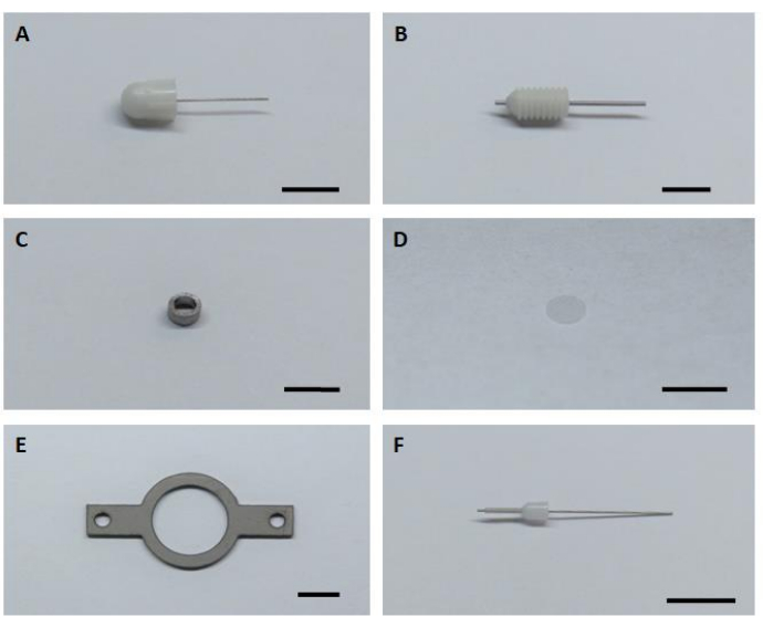 Composants pour la configuration de la chromatographie microfluidique ; A-F : divers connecteurs, raccords et composants de chemin d’écoulement.